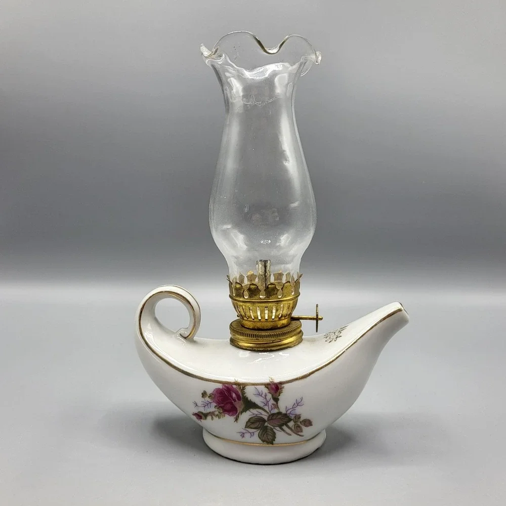 Vtg Genie Aladdin Mini Porcelain Oil Lamp Moss Rose Gold Trim Japan 7.5
